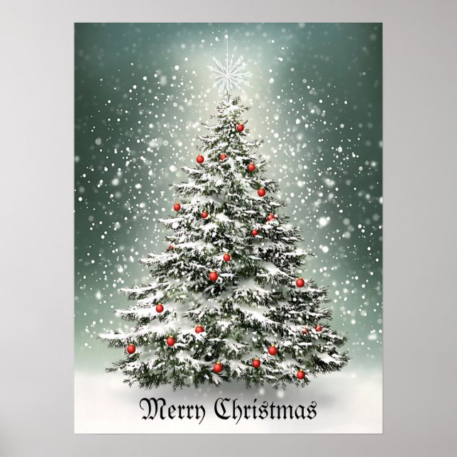 Poster Arbre de Noël vert Ornements colorés Neige blanche (Devant)