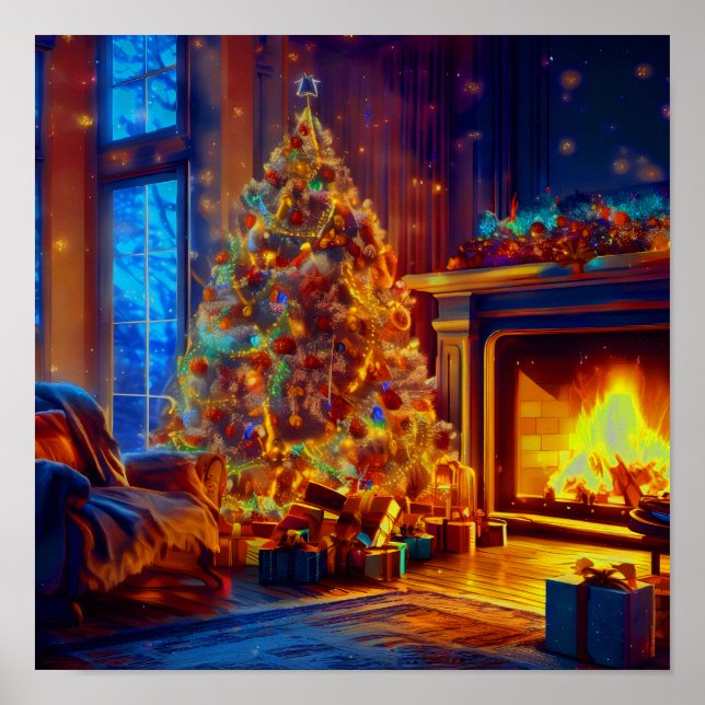 Poster Arbre De Noël Vintage Dans Maison De Réchauffement (Devant)