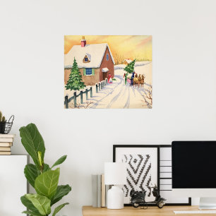 Poster Arbre de Noël Vintage sur une route hivernale enne