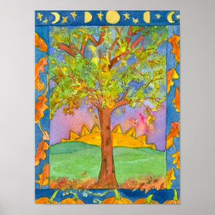 Poster Arbre de soleil d'automne Aquarelle Peinture paysa