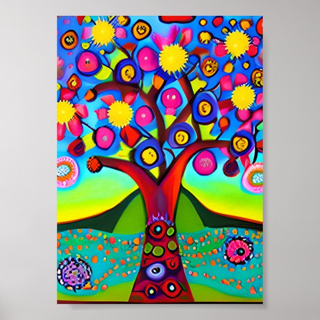 Poster Arbre de style d'art populaire coloré (Devant)