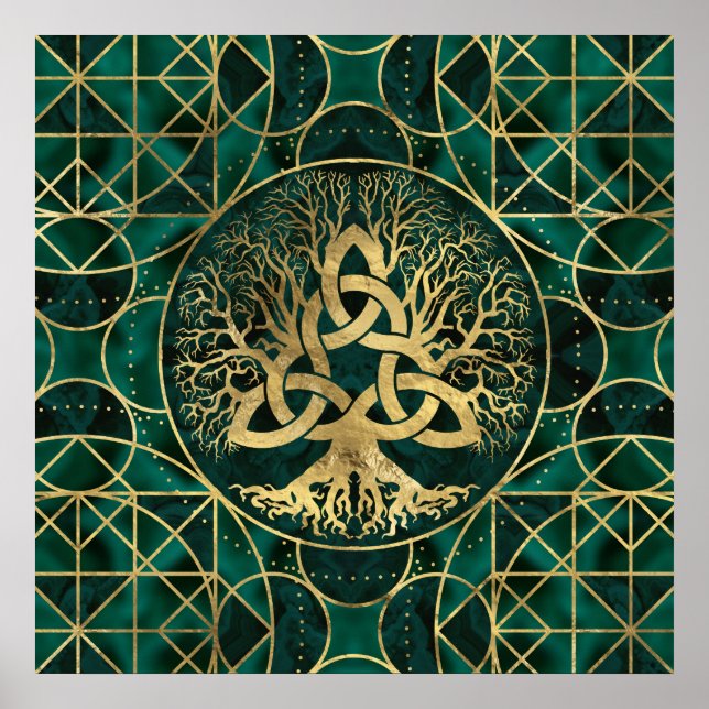 Poster Arbre de vie avec Triquetra Malachite et Or (Devant)