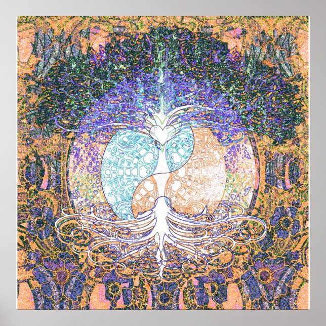 Poster Arbre de vie avec ying yang et symbole cardiaque (Devant)