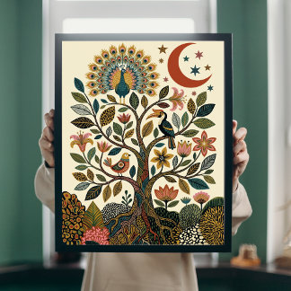 Poster Arbre de Vie Boho Art Populaire Paon Céleste