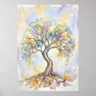Poster Arbre de vie fantaisiste aquarelle coloré pastel