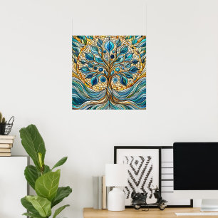 Poster Arbre de Vie Mosaïque de Verre Brisé Bleus Aqua