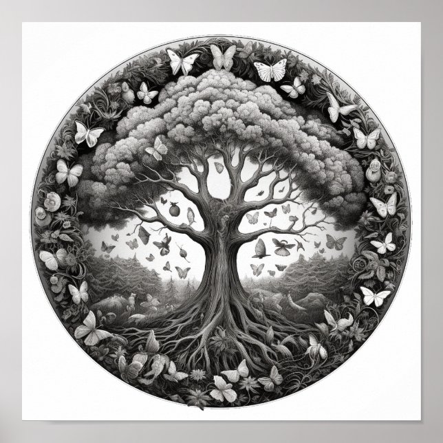 Poster Arbre de vie noir et blanc avec papillons (Devant)
