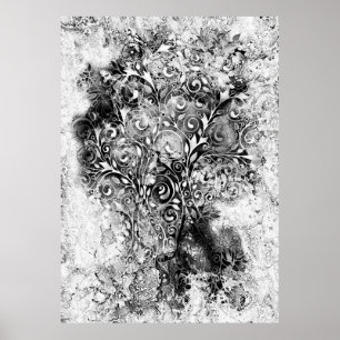 Poster Arbre De Vie - Spirales Feuille Grunge Style 1