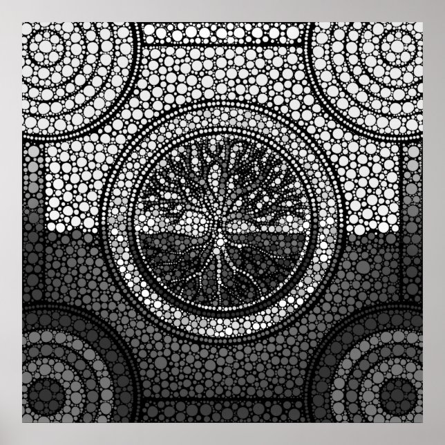 Poster Arbre de vie - Yggdrasil - Dot Art Grayscale (Devant)