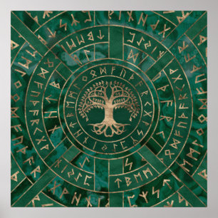 Poster Arbre de vie - Yggdrasil et Futhark - Malachite