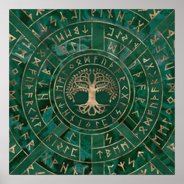 Poster Arbre de vie - Yggdrasil et Futhark - Malachite (Devant)