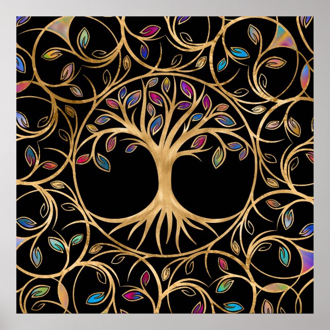 Poster Arbre de vie - Yggdrasil - feuille coloré (Devant)