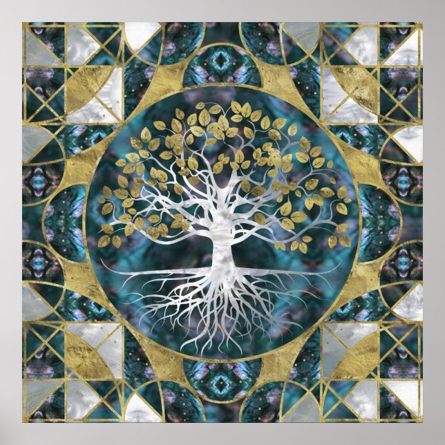 Poster Arbre de vie - Yggdrasil - Marbre et or (Devant)