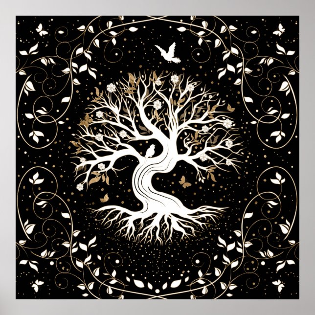 Poster Arbre de vie - Yggdrasil - noir blanc et or (Devant)