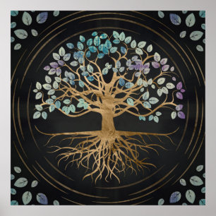 Poster Arbre de vie - Yggdrasil - Or & Texture Peinte