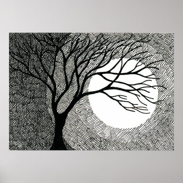 Poster Arbre d'hiver et Lune en noir et blanc (Devant)