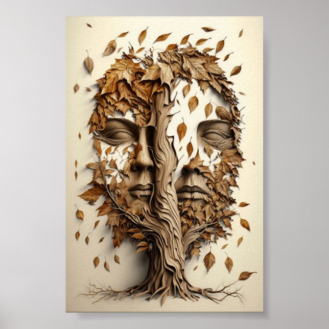 Poster Arbre D'Illusion Optique Face Avec Feuilles (Devant)