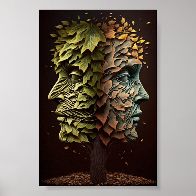 Poster Arbre D'Illusion Optique Face Avec Feuilles (Devant)