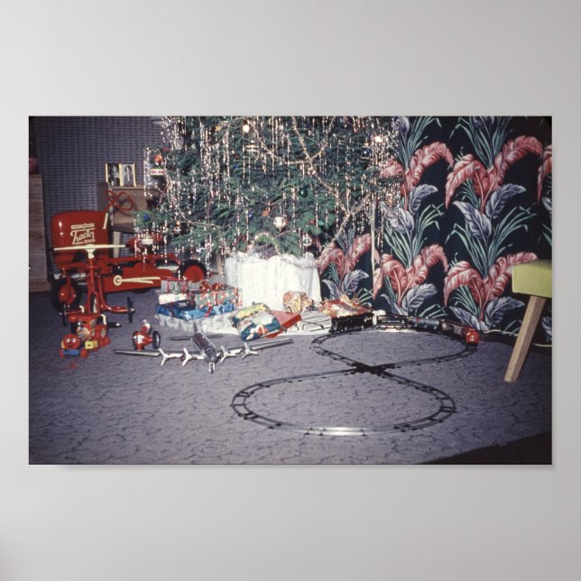 Poster Arbre du milieu du siècle de Noël et jouets Vintag (Devant)