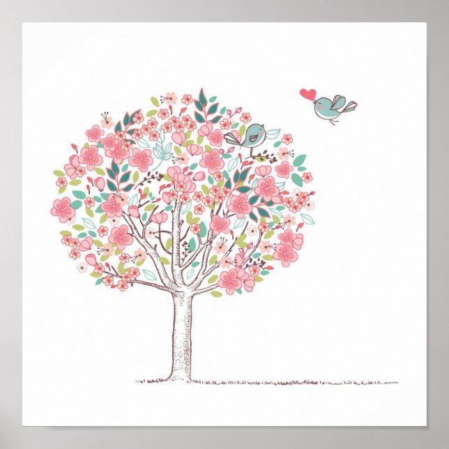 Poster Arbre en fleurs et oiseaux en amour (Devant)