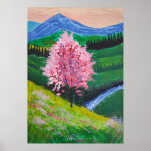Poster Arbre en fleurs rose dans un champ vert