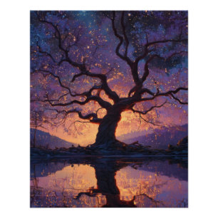 Poster Arbre Enchanté Reflet Violet Crépusculaire Art