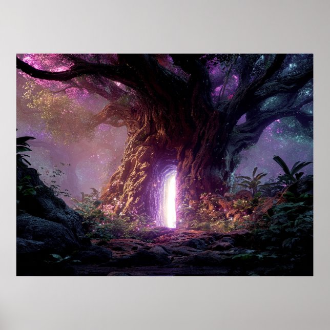 Poster Arbre Enchanté Surréaliste Avec Portail Lumineux (Devant)