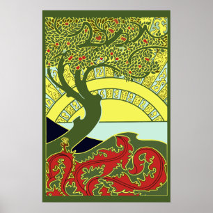 Poster Arbre et coucher de soleil Art Nouveau vintage par