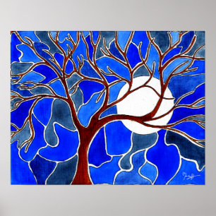 Poster Arbre et Lune sur toile - Bleu