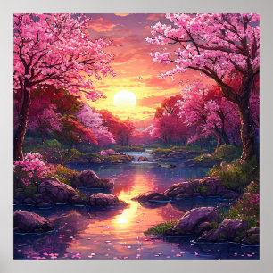 Poster 🌸 Arbre fleuri rose rêveur Coucher de soleil Lac 