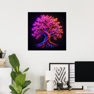 Poster Arbre Fleurissant de Cerisier Néon Vibrant avec Ar