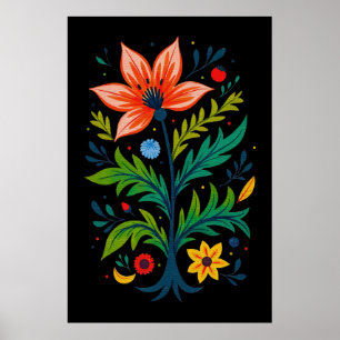 Poster Arbre Floral Bohème Noir Lunatique Art Populaire
