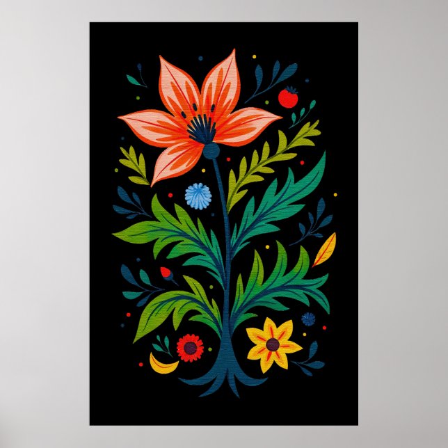 Poster Arbre Floral Bohème Noir Lunatique Art Populaire (Devant)