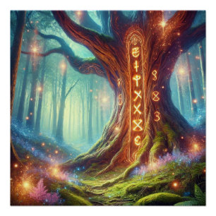 Poster Arbre forestier enchanté avec des runes brillantes