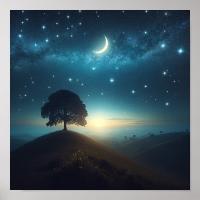 Poster Arbre Lone Sous La Nuit Étoile (Devant)