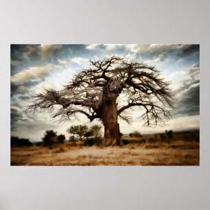 Poster Arbre lumineux et ciel sur la prairie d'hiver