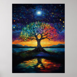 Poster Arbre lunaire de vie bleu Abstrait arc-en-ciel