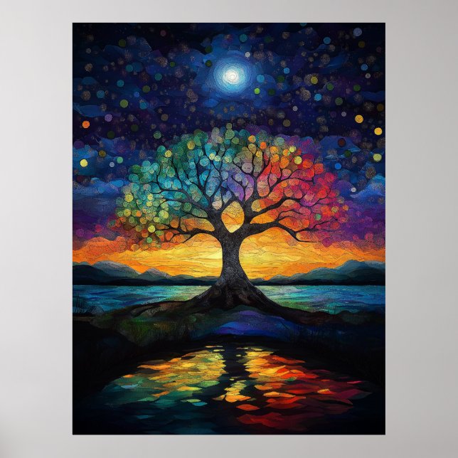 Poster Arbre lunaire de vie bleu Abstrait arc-en-ciel (Devant)