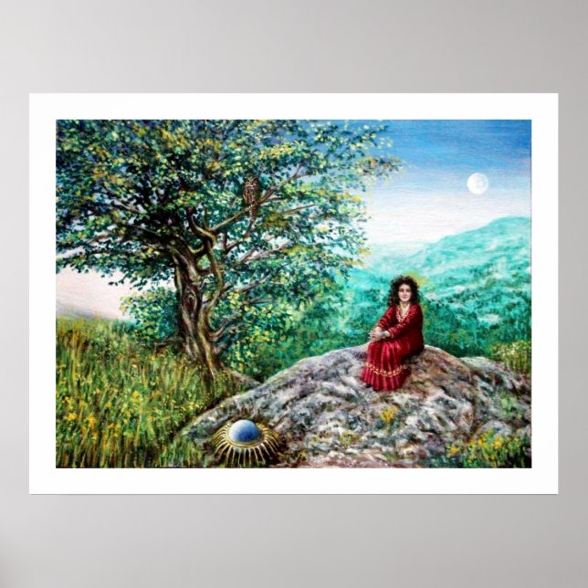 Poster ARBRE MAGIQUE / Aube en bois vert et dame en rouge (Devant)