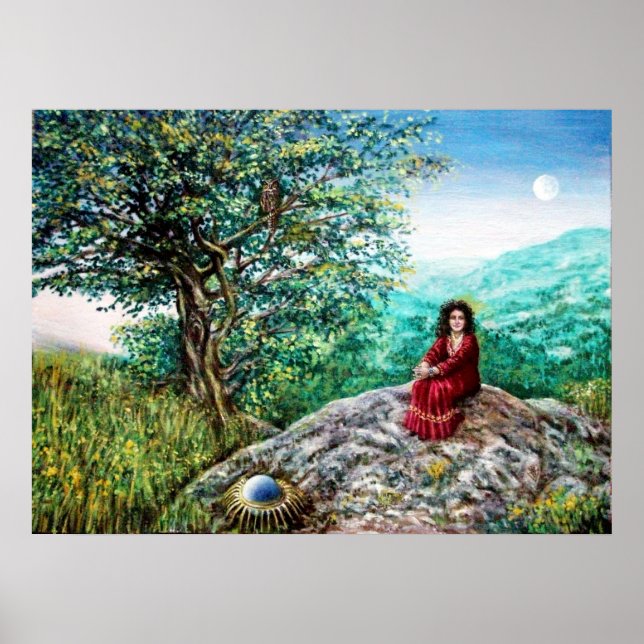 Poster ARBRE MAGIQUE / Aube en bois vert et dame en rouge (Devant)