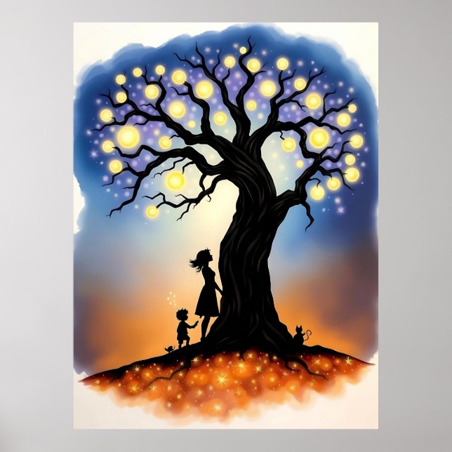 Poster Arbre magique des lumières avec silhouettes (Devant)