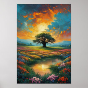 Poster Arbre Majestueux dans le champ des fleurs