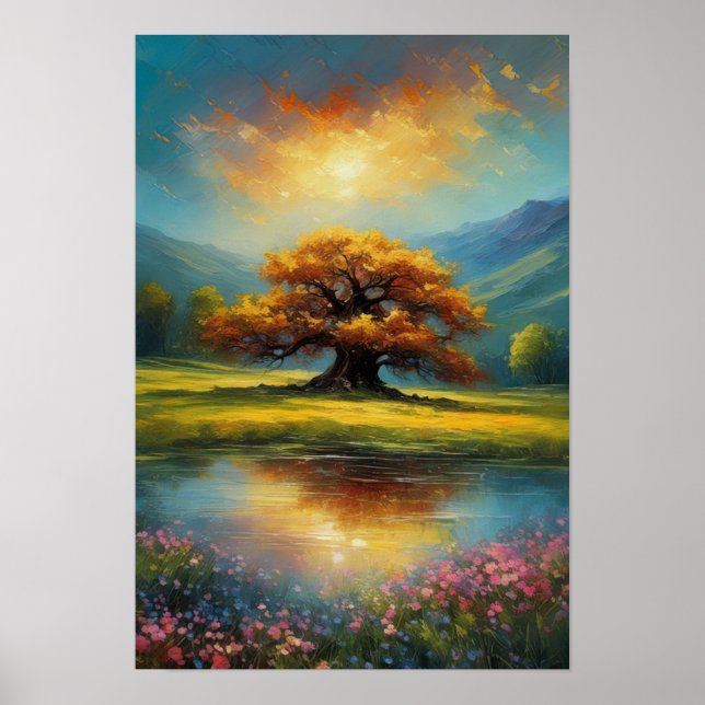 Poster Arbre majestueux en lumière du soir (Devant)
