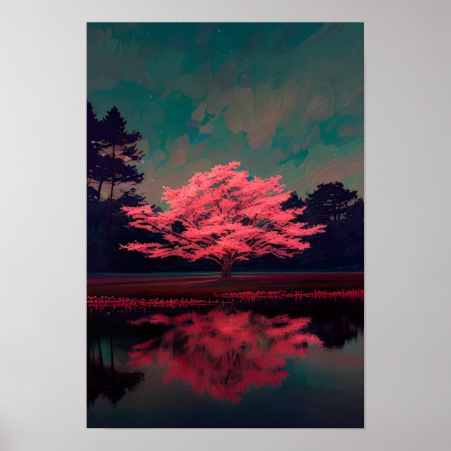 Poster Arbre rose de charme au bord du lac réfléchi (Devant)