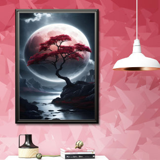 Poster Arbre rose de style japonais mystique
