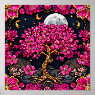 Poster Arbre rose rêveur et lune, art de fantaisie fantai