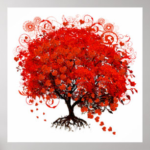 Poster Arbre rouge avec Feuilles du coeur en chute