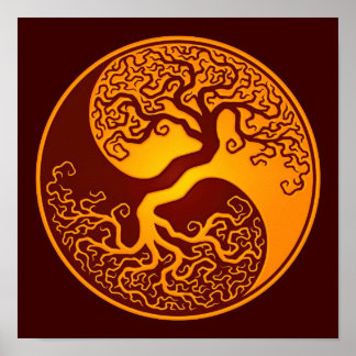 Poster Arbre rouge doré de la vie Yin Yang