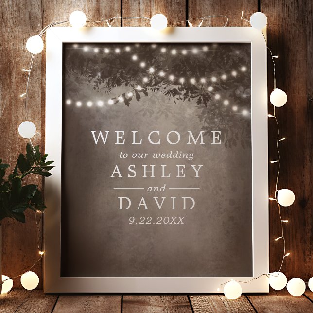 Poster Arbre Rustique Chaîne De Lumières Mariage Bienvenu (Créateur téléchargé)