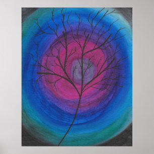 Poster Arbre Silhouette Surréaliste avec Tourbillons Cosm
